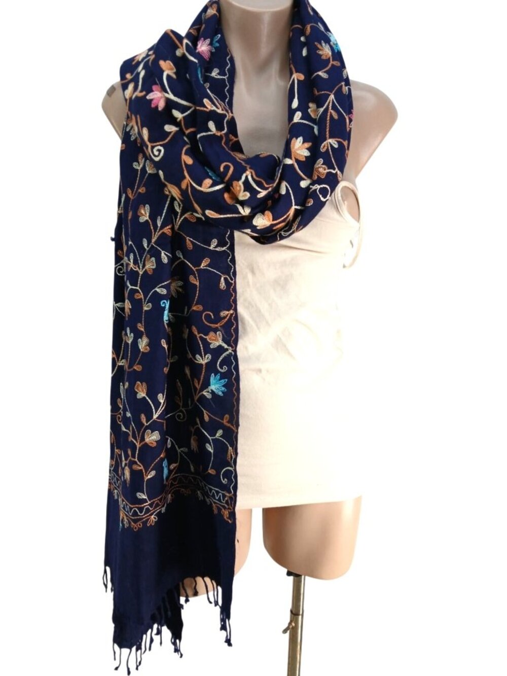 Navy Blue Pashmina Shawl Floral Embroidered Navy Blue Scarf Fringe 70"x27"